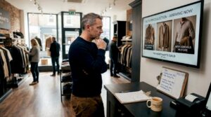Retail manager checks digital signage screen