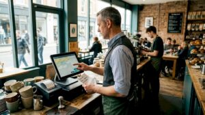 Manager updating orders on POS terminal in café