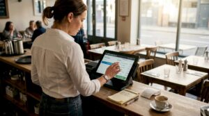 Manager updating digital menu on POS
