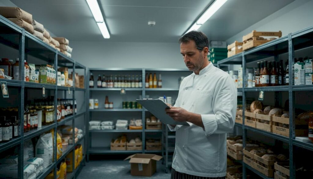 Restaurant manager checking inventory shelves