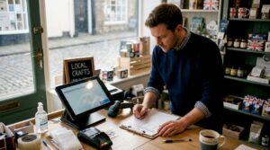 Retail store manager reviewing POS paperwork