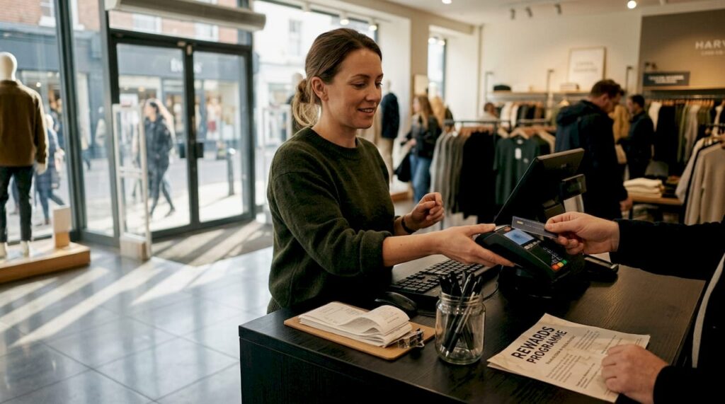 Cashier holding card terminal for contactless payment