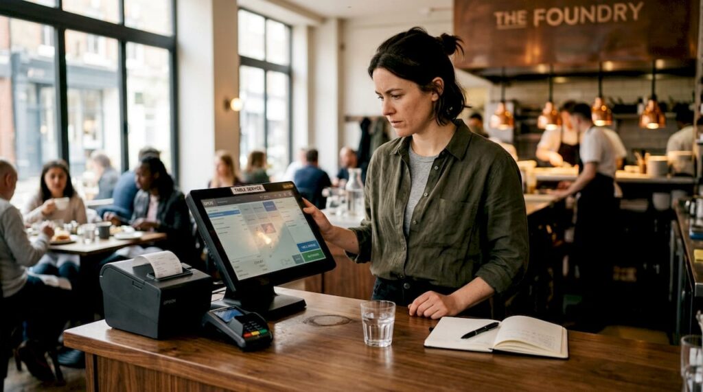 Restaurant manager checking POS hardware at counter