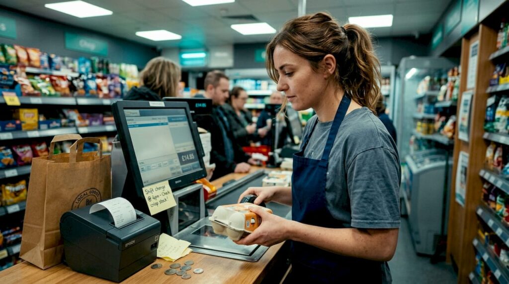Retail staff scanning item at checkout counter