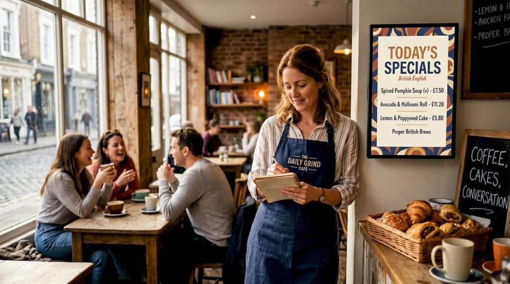 Manager next to UK retail digital signage screen
