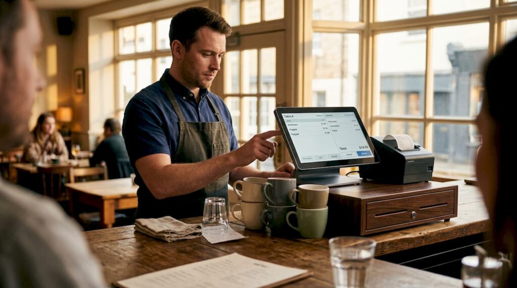 Barista working at POS counter with hardware