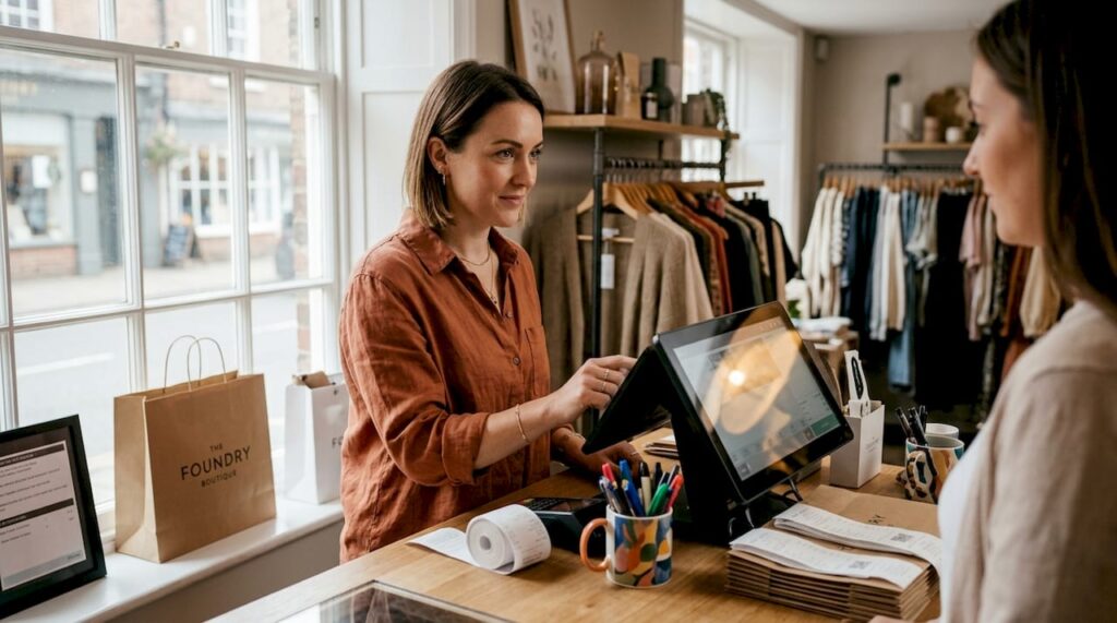 Cashier using touchscreen POS terminal at retail counter