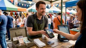Vendor completing mobile transaction at market