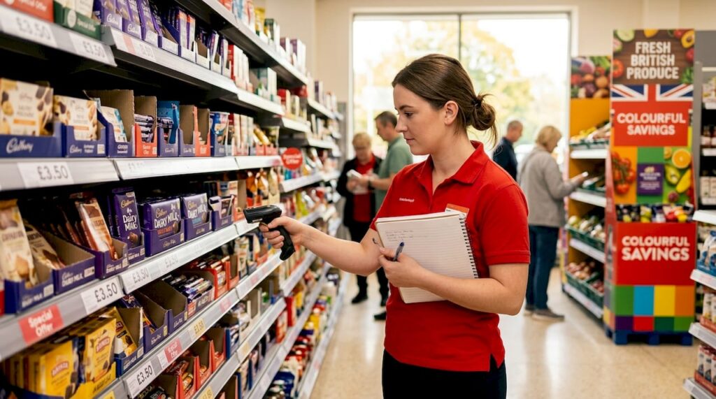 Retail worker scanning product barcodes on shelves