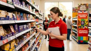 Retail worker scanning product barcodes on shelves