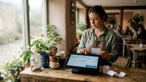 Café manager using POS system at counter