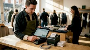 Retail employee prints receipt at busy POS