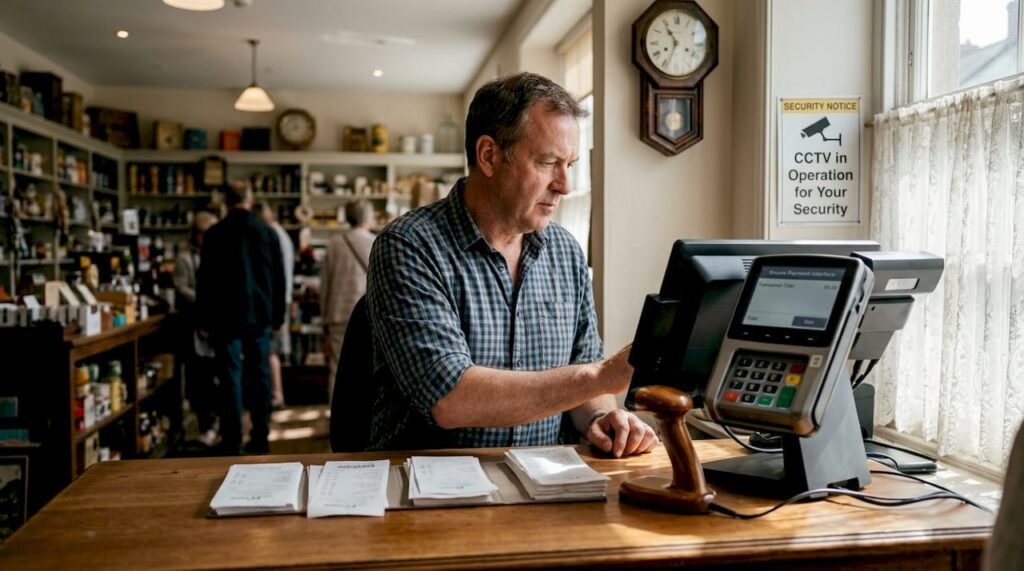 Retail manager inspecting POS terminal security