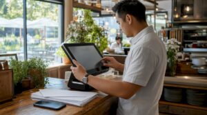 Restaurant manager configuring checkout POS device