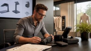 Retail manager inspecting modular POS hardware components
