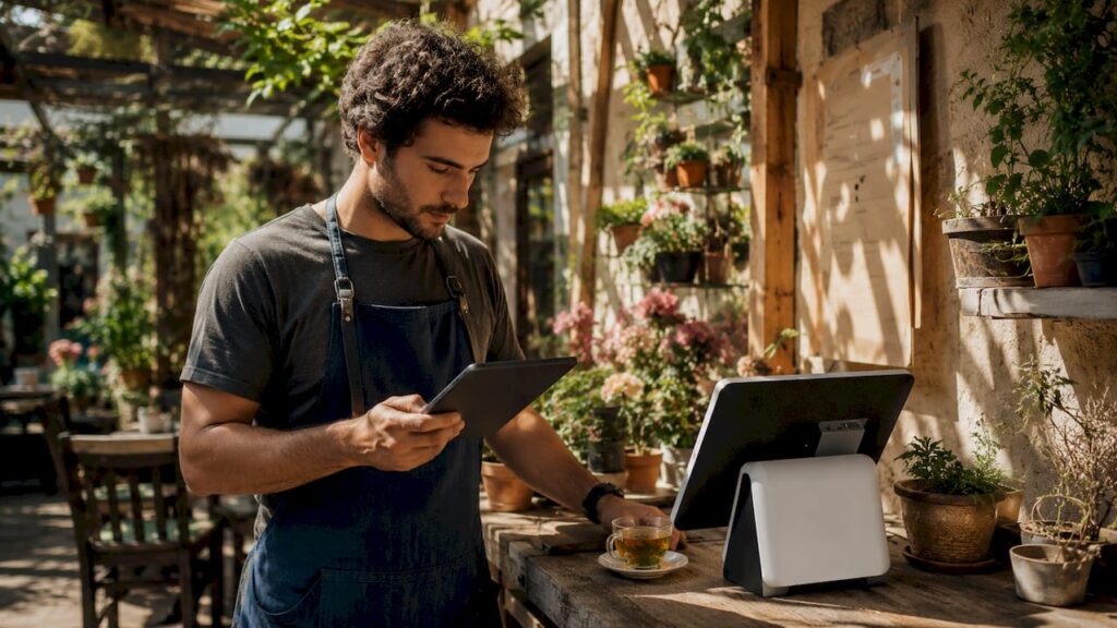 Small business owner using all-in-one POS system