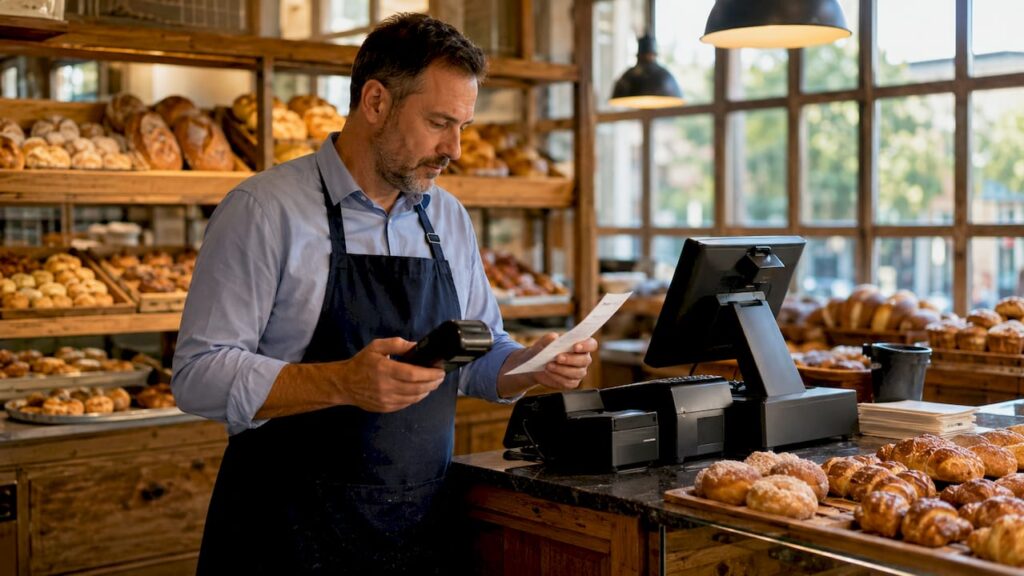 Retail manager inspecting POS terminal and report