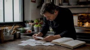 Restaurant manager reviewing OMS orders at desk