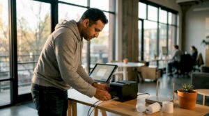 Man setting up cloud printer in POS workspace