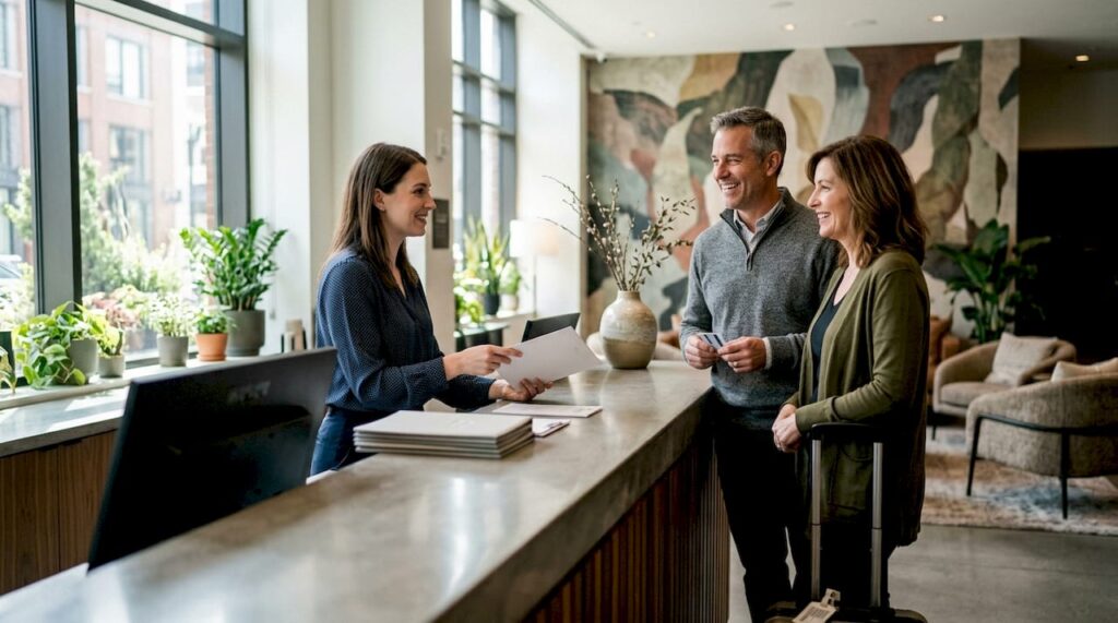 Front desk checkout interaction with hotel guests