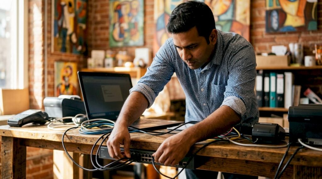 Technician configuring POS network in office