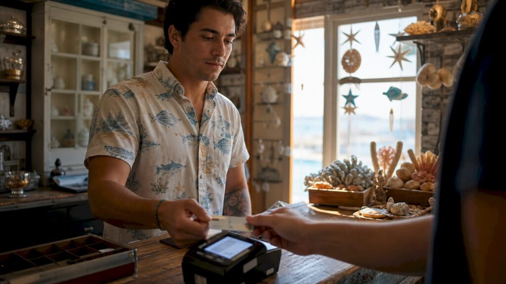 Cashier processing contactless payment at retail counter