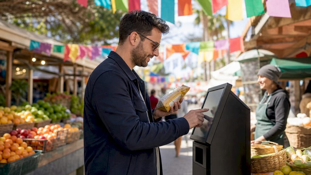 Customer using unattended POS terminal in store