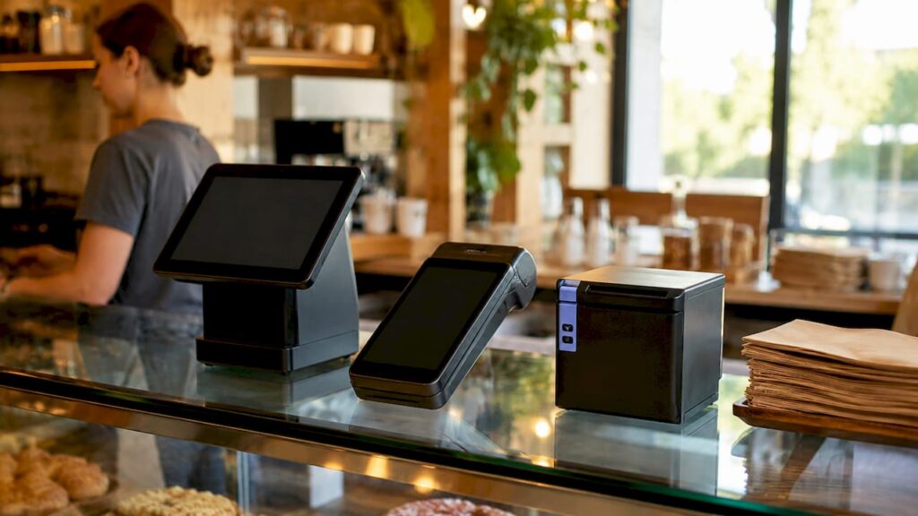 Variety of compact POS terminals on wooden counter