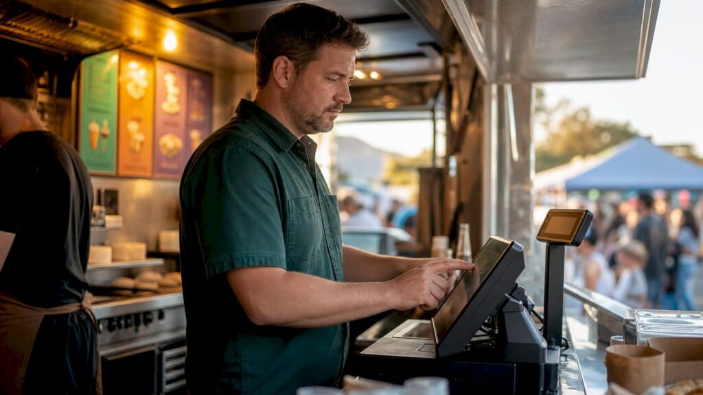 QSR manager using POS terminal at counter