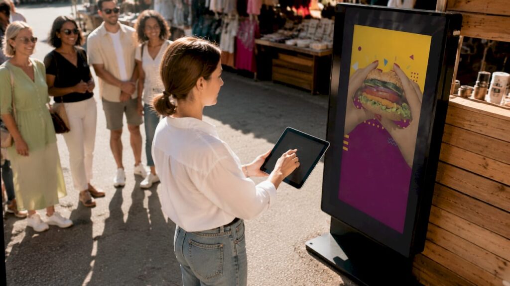 Retail manager updating digital signage display