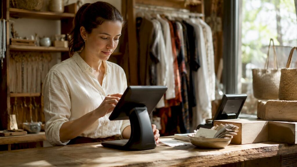 Retail worker using battery-powered POS terminal