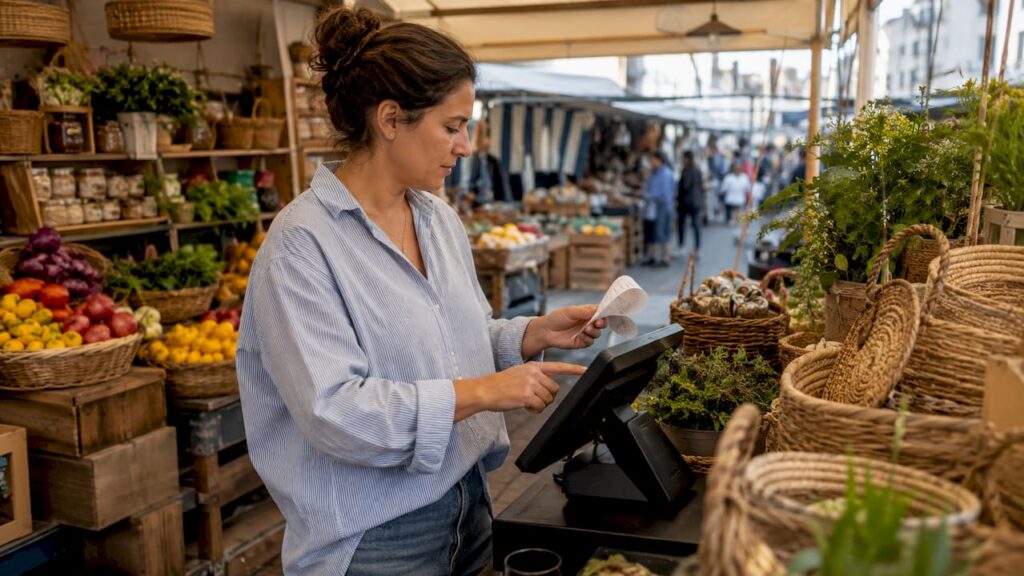 UK business owner operating EPOS terminal in shop