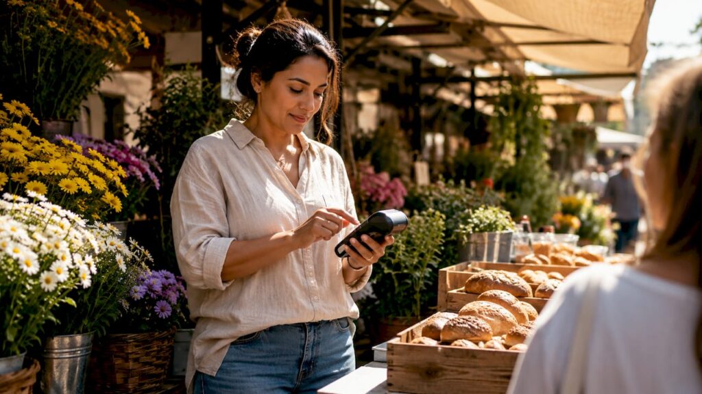 Manager reviewing real-time POS data on touchscreen