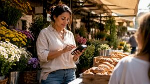 Manager reviewing real-time POS data on touchscreen