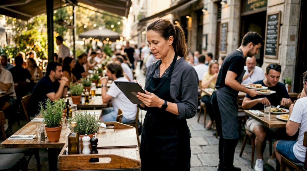 Restaurant manager reviewing efficiency checklist in kitchen