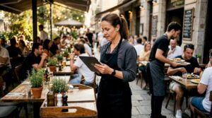 Restaurant manager reviewing efficiency checklist in kitchen
