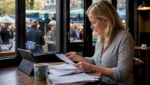 Woman managing order forms at office desk