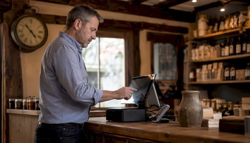 Retail manager using modern POS system