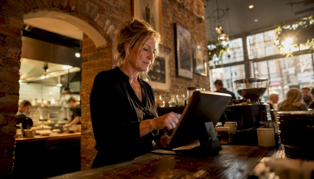 Manager using POS system in UK cafe