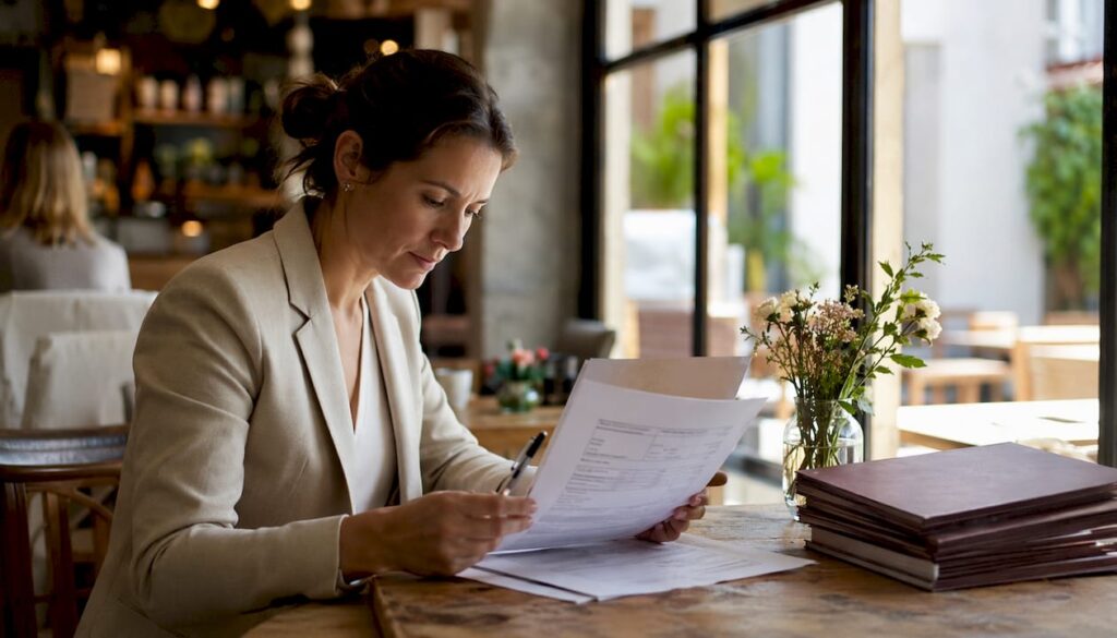 Manager reviewing catering quote and contract