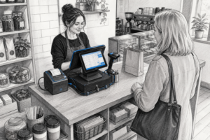 Planning a Compact POS Setup for a Small Counter: a detailed black-and-white pencil and ink editorial illustration in a realistic UK independent retail or café counter setting, viewed from a slightly elevated three-quarter angle so the confined workspace is clear, showing one staff member behind a tight but tidy checkout using a compact touchscreen POS terminal, a small receipt printer, a handheld barcode scanner and a cash drawer arranged carefully to save space, with a customer approaching the counter and enough room protected for bagging or order handover; the scene should emphasise the operational benefit of reducing clutter and keeping service flowing in a small area, with visible cables neatly managed and subtle YCR-style blue accents only on small screen interface elements, terminal highlights and a few equipment details, using professional hand-drawn line work, light graphite shading, subtle cross-hatching, realistic proportions, no photorealism, no cartoon style, no 3D look, no large text overlay, and a clean modern UK business interior that directly reflects the blog title without displaying any title text.