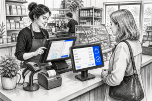 Detailed black-and-white pencil and ink editorial illustration for the article titled "Customer-Facing Displays: A Simple Way to Reduce Errors", showing a clean UK shop or café counter viewed from a slightly elevated three-quarter angle with a touchscreen till on the staff side and a customer-facing display on the shopper side, a staff member processing a sale while the customer watches the visible item list and running total on the screen, a barcode scanner and receipt printer nearby, and a calm but busy checkout environment where the visible display helps prevent mistakes and keep the queue moving; include realistic counter equipment, tidy merchandising, subtle reflections, light graphite shading and careful cross-hatching, professional hand-drawn line work, and only small YCR-style blue accents on the display content and a few interface highlights; no text overlay, no photorealism, no cartoon look, no 3D rendering, no distorted logos, with natural indoor lighting and a practical business technology composition suitable for a landscape 3:2 WordPress featured image.