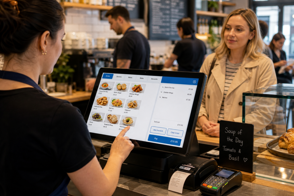 Touchscreen Tills for Busy Hospitality Venues: What to Look For, a realistic photorealistic commercial photography scene inside a busy UK café or restaurant counter during service, showing a modern touchscreen EPOS till with a clean blue-accented interface, a staff member taking an order quickly while a customer waits nearby, menu items and order buttons clearly visible on the screen without readable brand clutter, warm natural lighting, shallow depth of field, tidy counter area with receipts and a payment terminal nearby, subtle blue brand accents in the UI and staff apron details, professional UK hospitality setting, premium but realistic composition, focused on the touchscreen till as the central technology, suitable as a WordPress featured image for a blog about choosing the right touchscreen till for busy hospitality venues.
