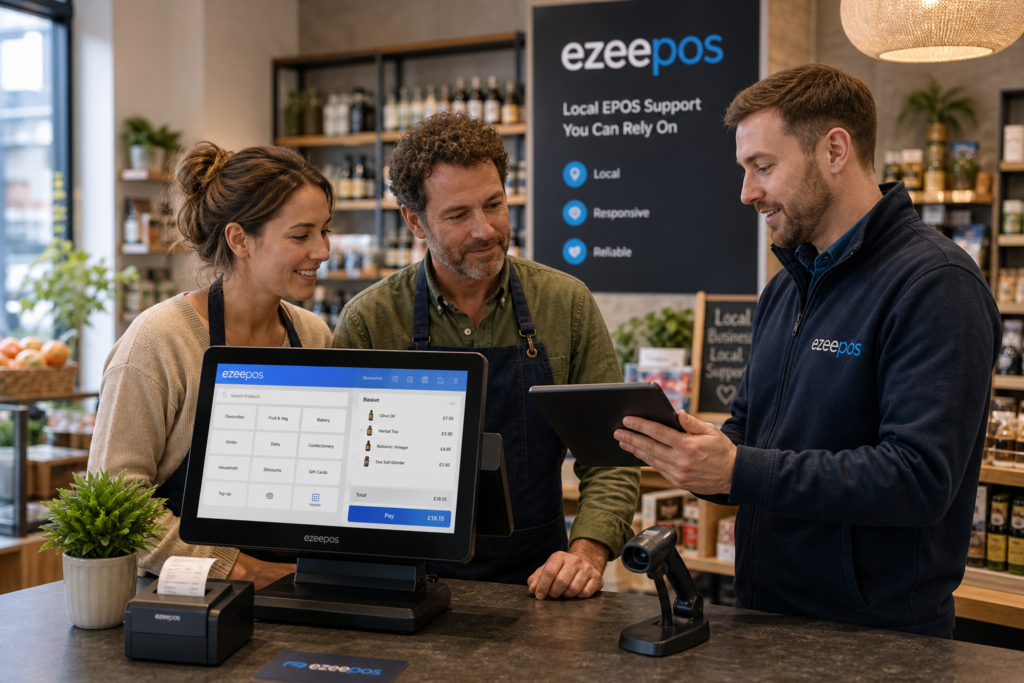 Why Local EPOS Support Still Matters for Independent Retailers - Photorealistic commercial photography style image of a UK independent retailer inside a modern shop counter area, with a friendly staff member and a business owner looking at an ezeepos-style touchscreen POS terminal while a support specialist demonstrates the system on a tablet or screen, showing a calm, helpful setup with subtle blue brand accents on the interface and signage, clean counter space, receipt printer and barcode scanner visible, realistic retail products in the background, warm natural lighting, shallow depth of field, premium but realistic composition, professional UK business environment, technology clearly the focus, suitable as a WordPress featured image for a blog about local EPOS support, practical training and reliable help for independent retailers.