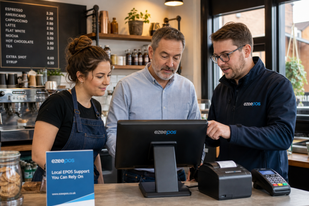 Why Local EPOS Support Still Matters for Independent Retailers and Hospitality Businesses, photorealistic commercial photography style, a warm modern UK independent cafe or small retail shop interior with a friendly staff member and a business owner looking at a touchscreen EPOS terminal while a support specialist demonstrates the system beside them, a receipt printer and card terminal visible on a clean counter, subtle blue brand accents on the screen interface and small signage, realistic moment of troubleshooting or training during trading hours, shallow depth of field, natural lighting, premium but realistic composition, clean counter area, technology clearly visible and central to the scene, professional website hero image for ezeepos, suitable for a WordPress featured image, authentic UK business environment, no unrealistic devices, no abstract background, no mountains or landscapes, no cartoon style