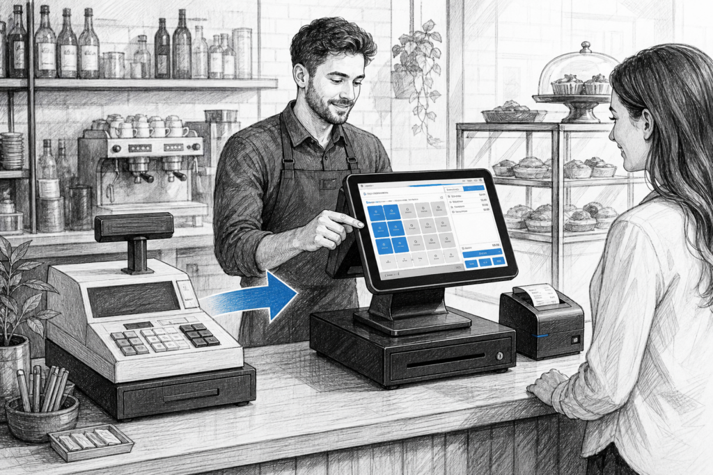Black-and-white illustration of a modern touchscreen EPOS system replacing a basic till in a UK retail or hospitality setting.