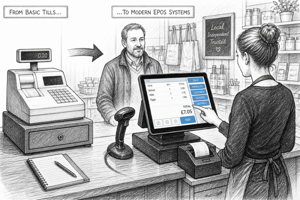 Black and white illustration of a UK retailer using a touchscreen EPOS system to replace a basic till at the checkout.