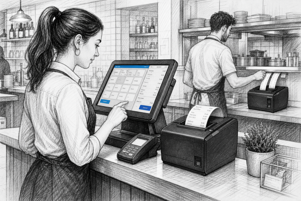 Black and white illustration of receipt printing in a UK retail and hospitality EPOS setup with a thermal receipt printer and touchscreen terminal.