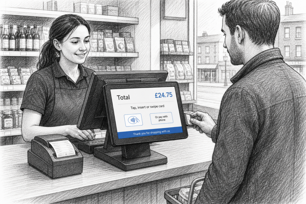 Black-and-white illustration of a UK retail checkout with a customer-facing POS display and touchscreen EPOS terminal.