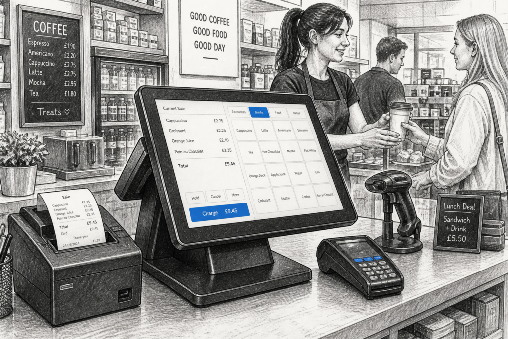 Black-and-white illustration of modern POS hardware in a busy UK retail and hospitality checkout setting.